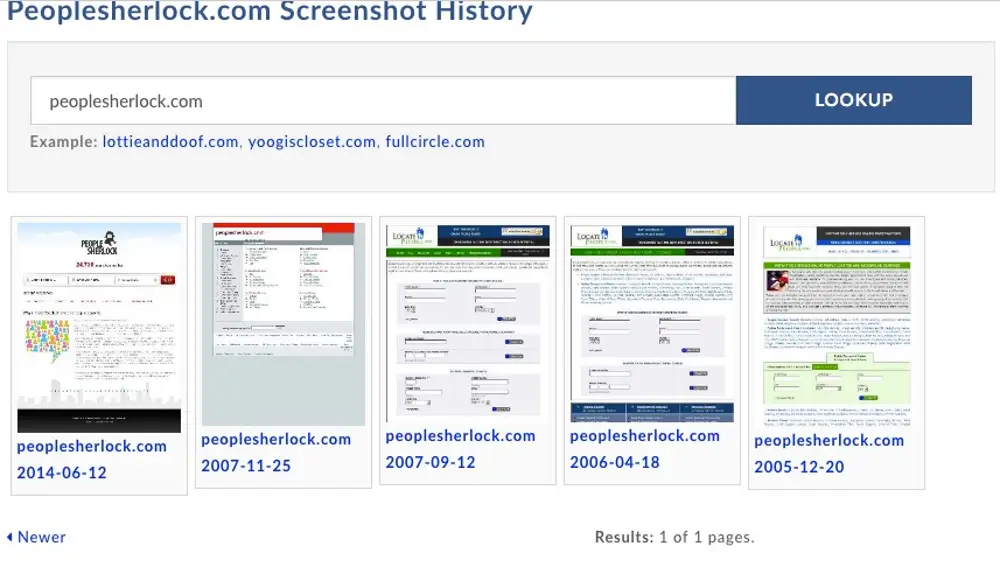 Histórico de webs del sitio peoplesherlock.com en http://whois.domaintools.com/ desde 2005 hasta el 2014.