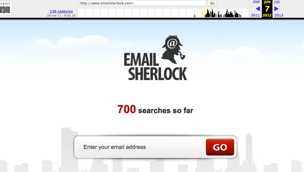 Apariencia de la web email sherlock a 7 de julio de 2012. http://web.archive.org/ con 700 búsquedas aproximadamente.