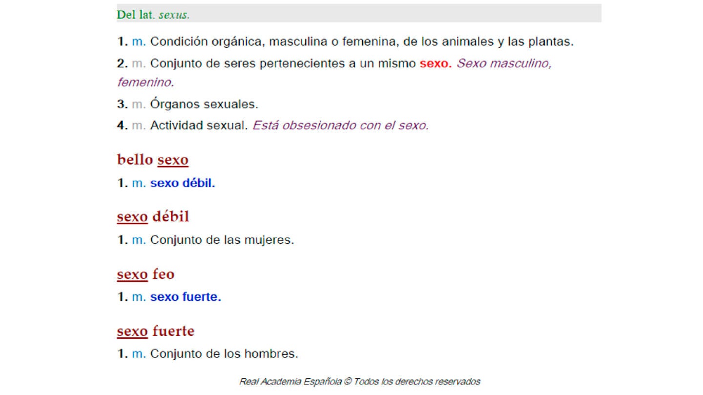 Definiciones y usos de la palabra "sexo" en la RAE