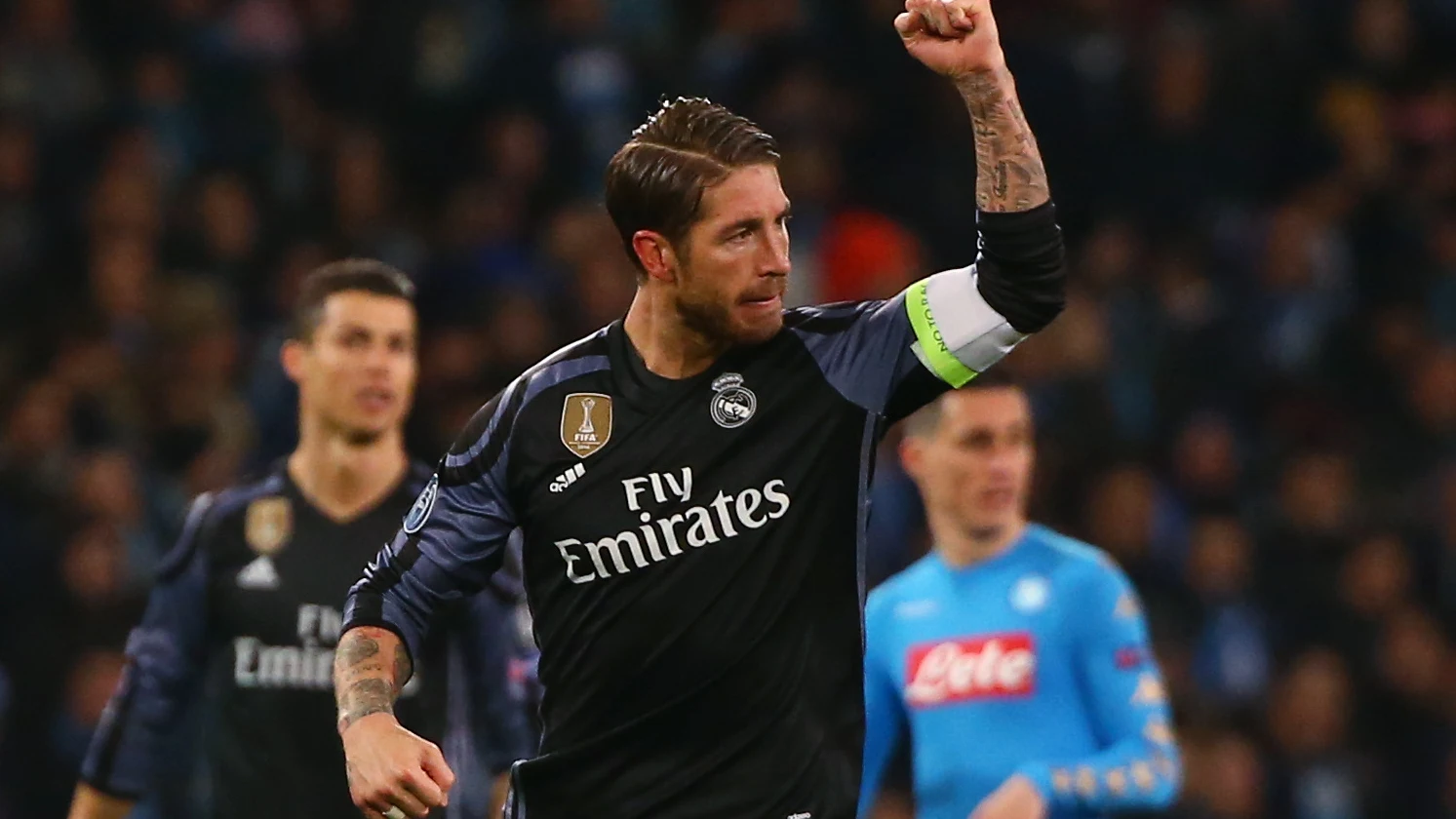 Sergio Ramos celebra sus goles al Nápoles