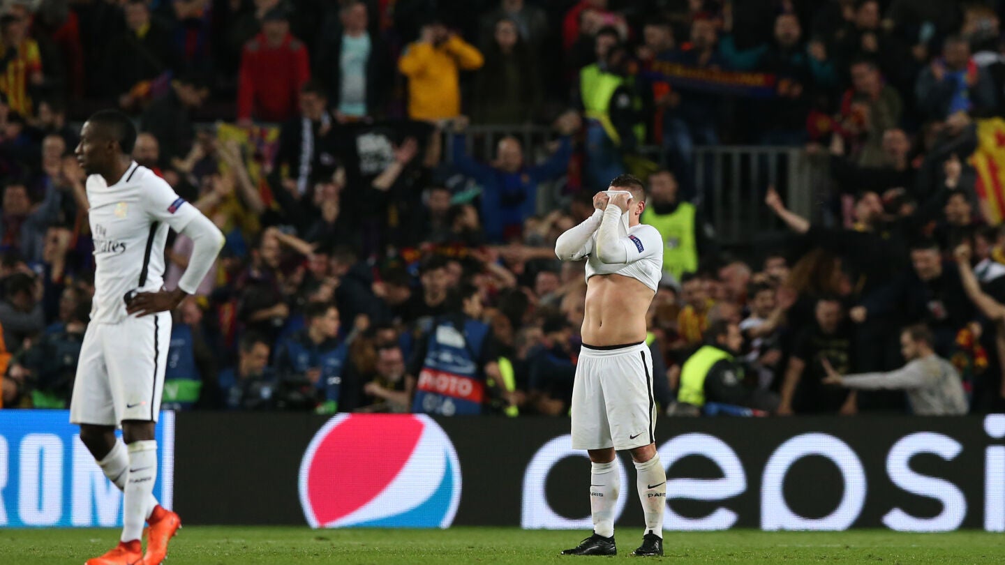 Verratti se tapa la cara ante la remontada del Barcelona