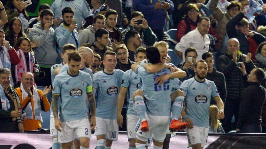 Los jugadores del Celta celebran un gol ante el Krasnodar en Bala&iacute;dos
