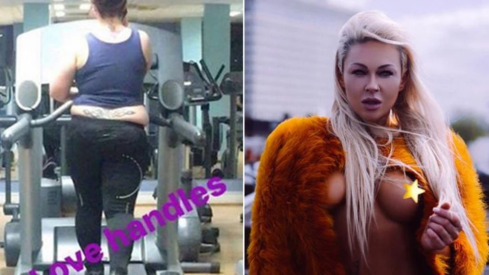 La fisioculturista Diana Andrews junto a la foto de la mujer ala que humill&oacute;