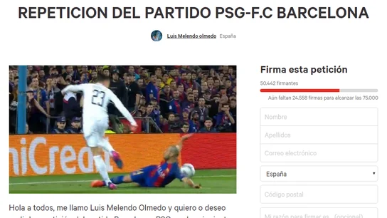 La petición de 'Change.org' para que se repita el Barcelona - PSG La petición de 'Change.org' para que se repita el Barcelona - PSG