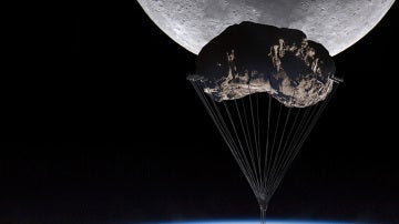 Concepto de rascacielos colgado de un asteroide