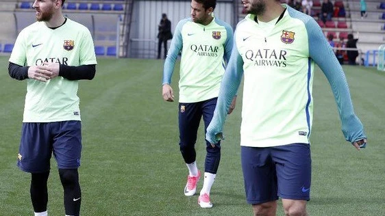 Messi, Suárez y Neymar en el entrenamiento del Barcelona