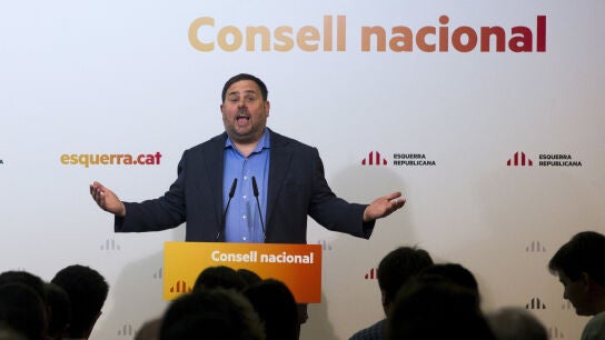 Oriol Junqueras durante su intervenci&oacute;n en la reuni&oacute;n del Consell Nacional celebrada en Barcelona