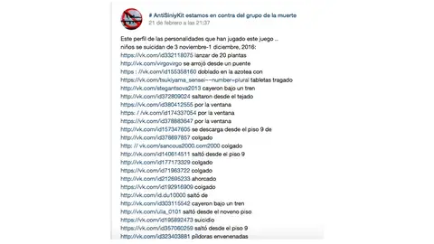 Listado de los perfiles de víctimas #AntiSiniyKit publicado en la red VKontakte Listado de los perfiles de víctimas #AntiSiniyKit publicado en la red VKontakte