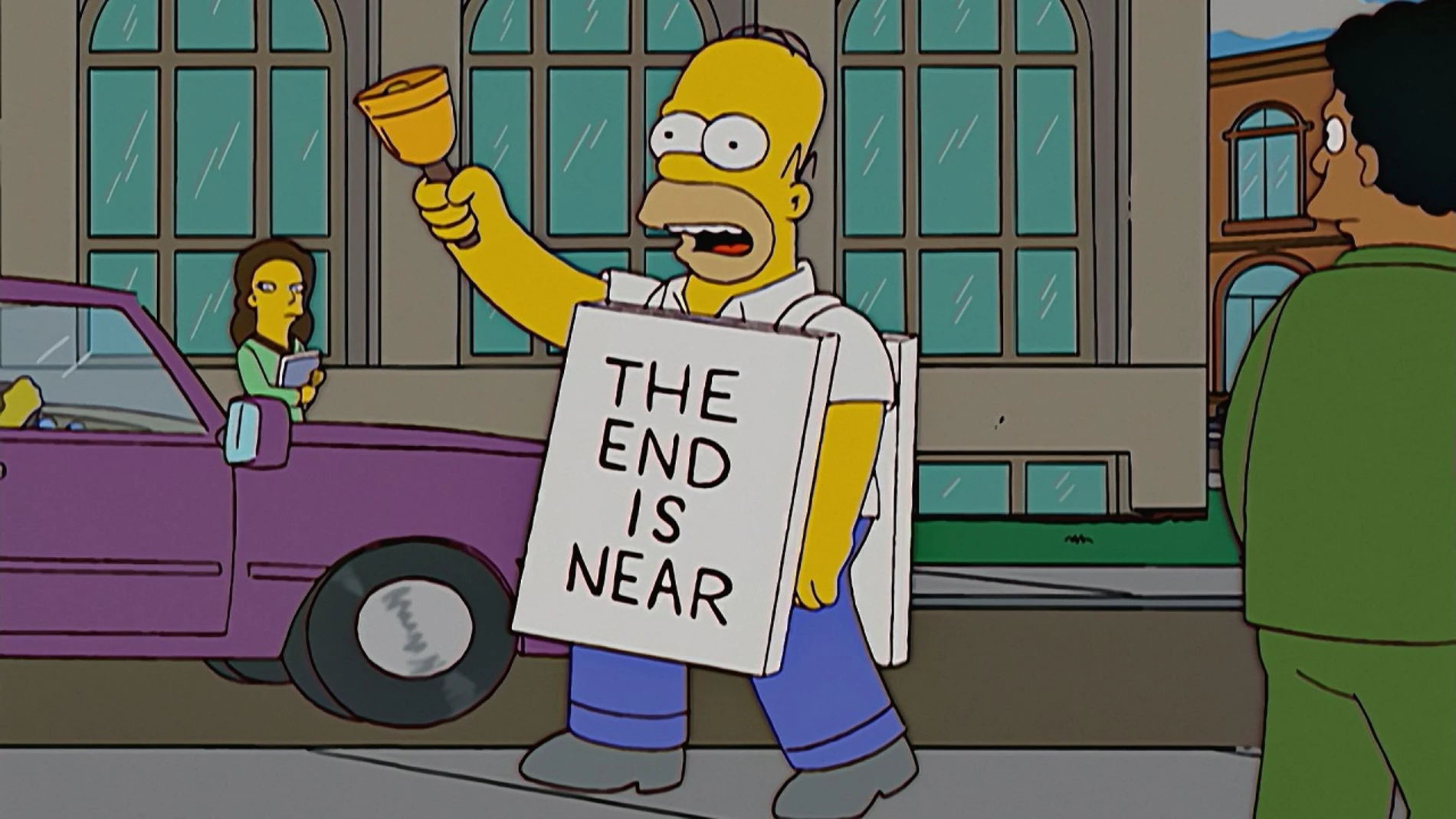 Homer Simpson con un cartel que reza &#39;El final se acerca&#39;