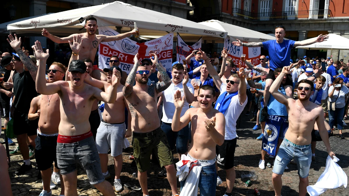 La afición del Leicester, en la Plaza Mayor