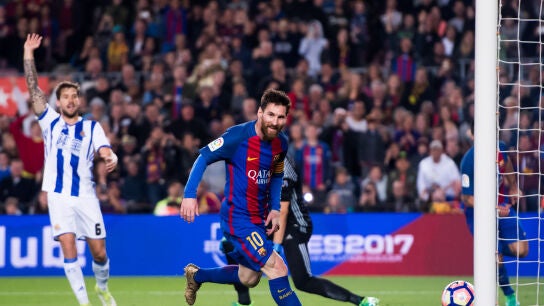 Leo Messi celebra un gol ante la Real Sociedad