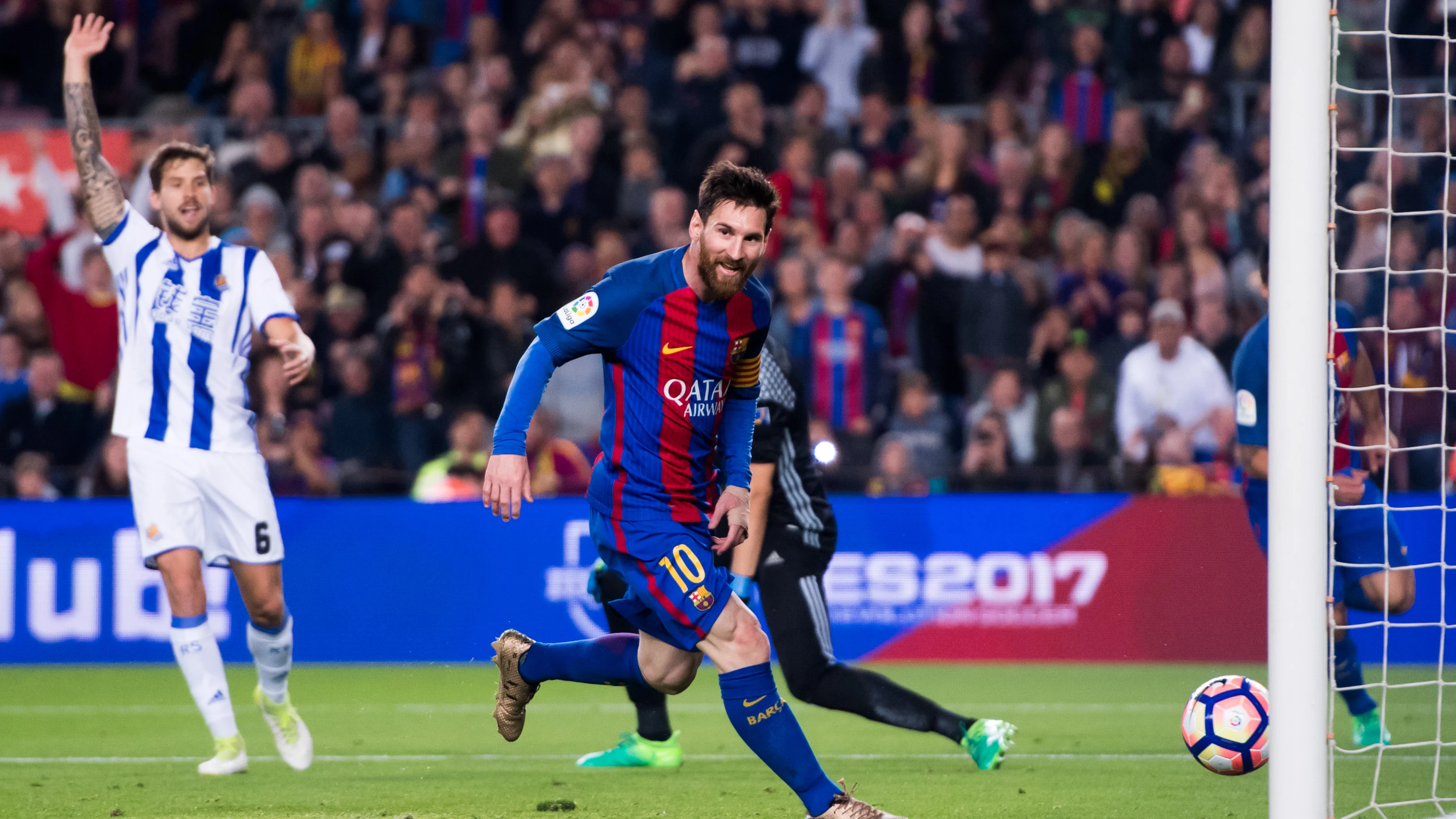 Leo Messi celebra un gol ante la Real Sociedad