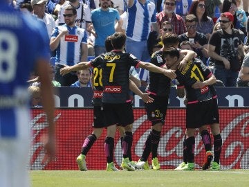 Los jugadores del Espanyol celebran el gol de Baptistao en Butarque Los jugadores del Espanyol celebran el gol de Baptistao en Butarque