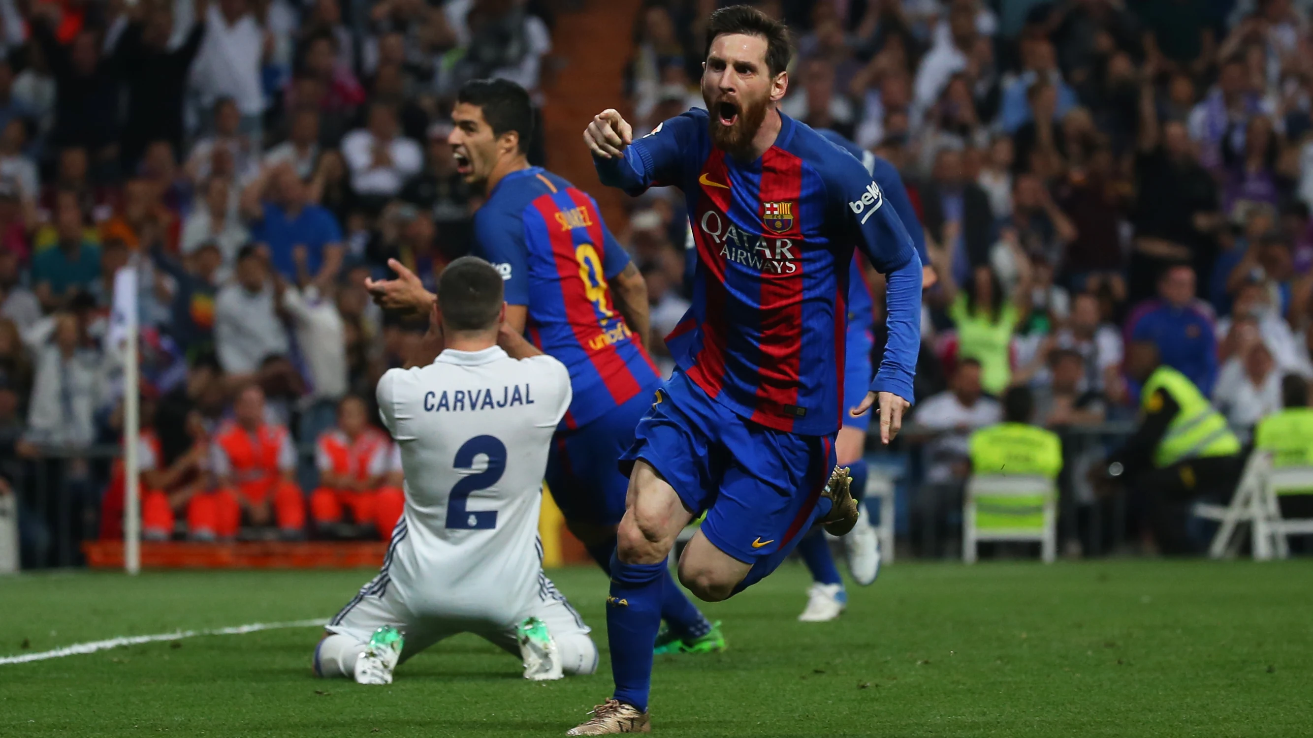 Leo Messi celebra el gol de la victoria ante el Real Madrid