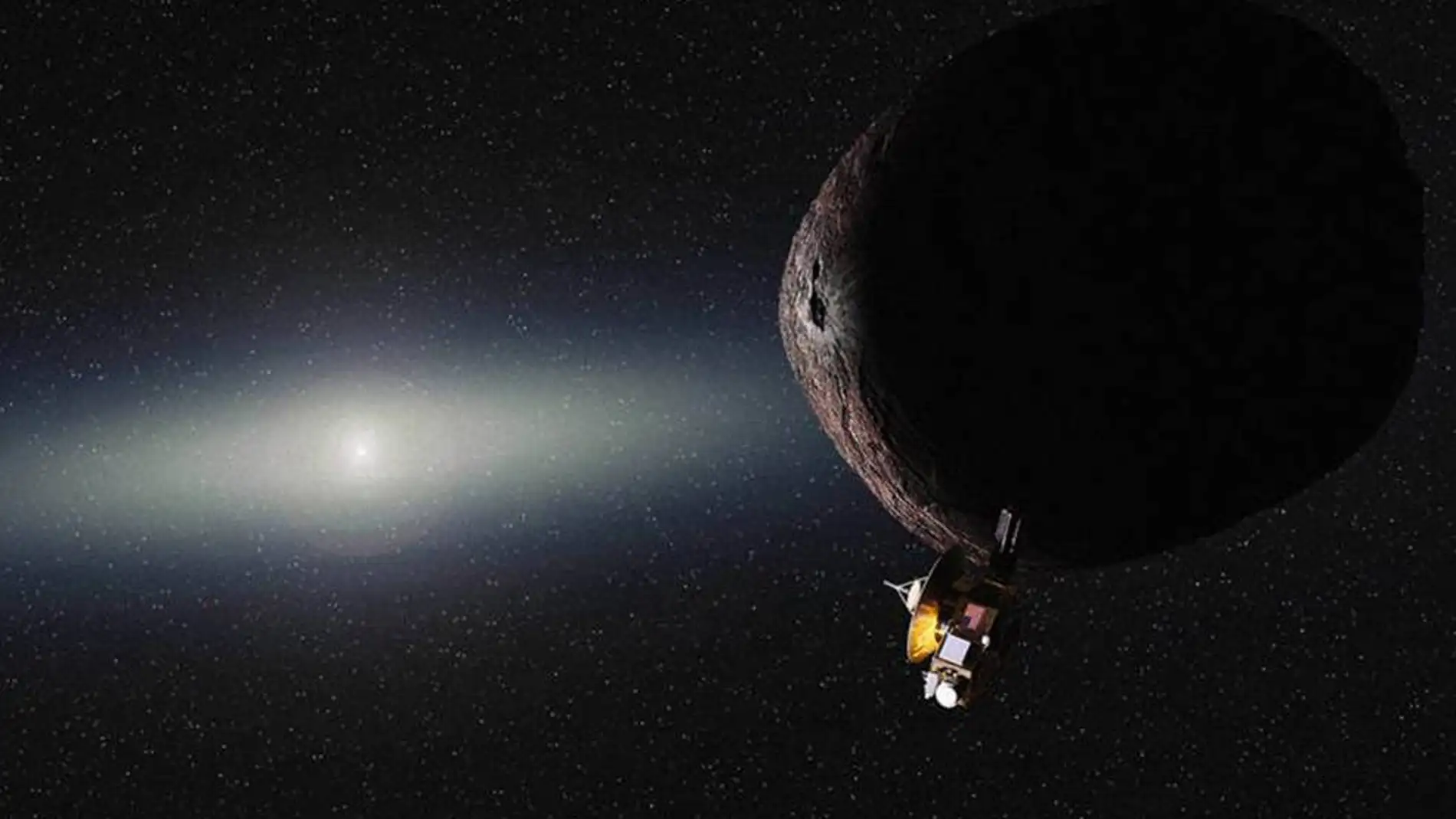 Representación artística de la sonda New Horizons sobrevolando el objeto 2014 MU69