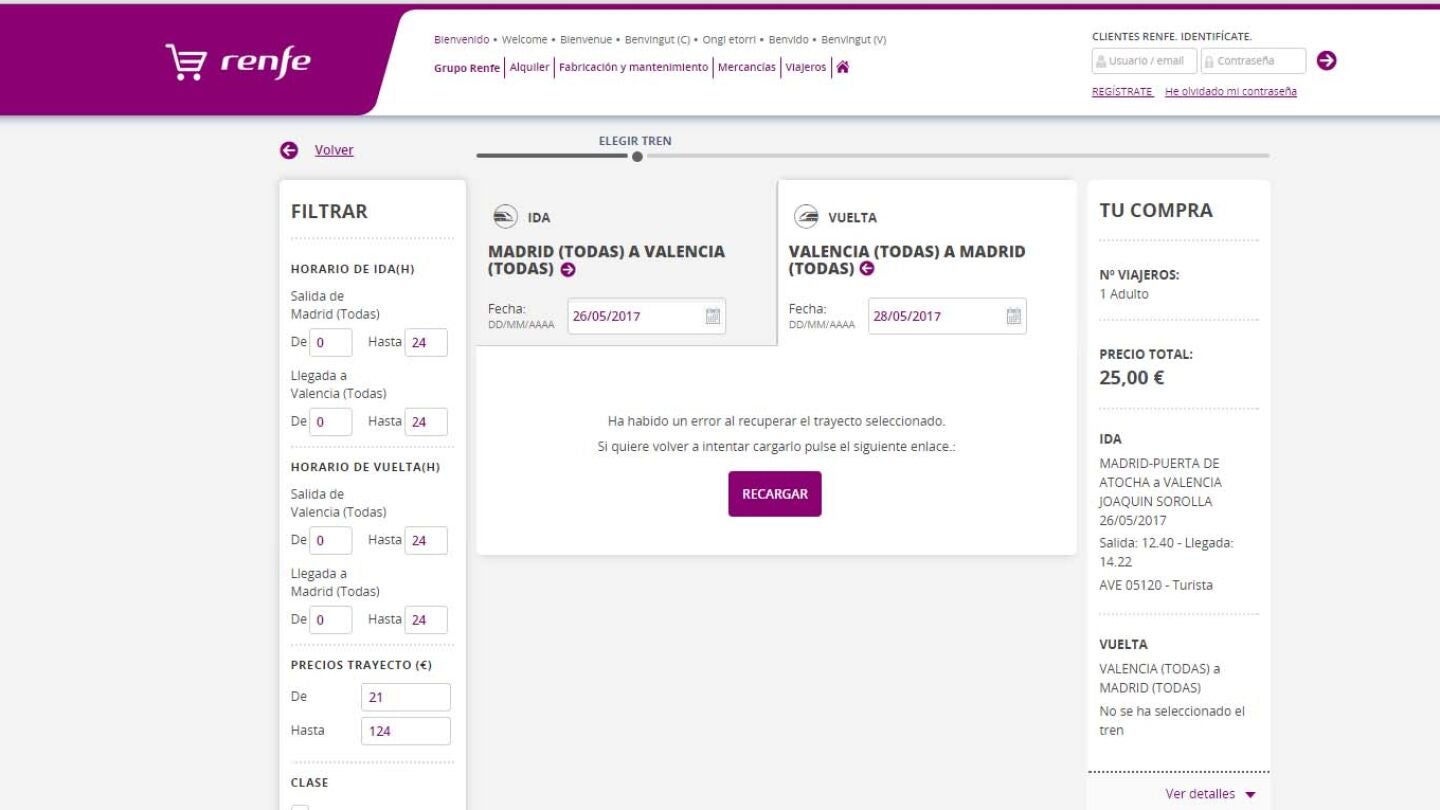 Mensaje de error en la web de compra de Renfe