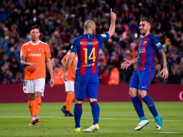 Mascherano celebrando su primer gol con el Barça Mascherano celebrando su primer gol con el Barça