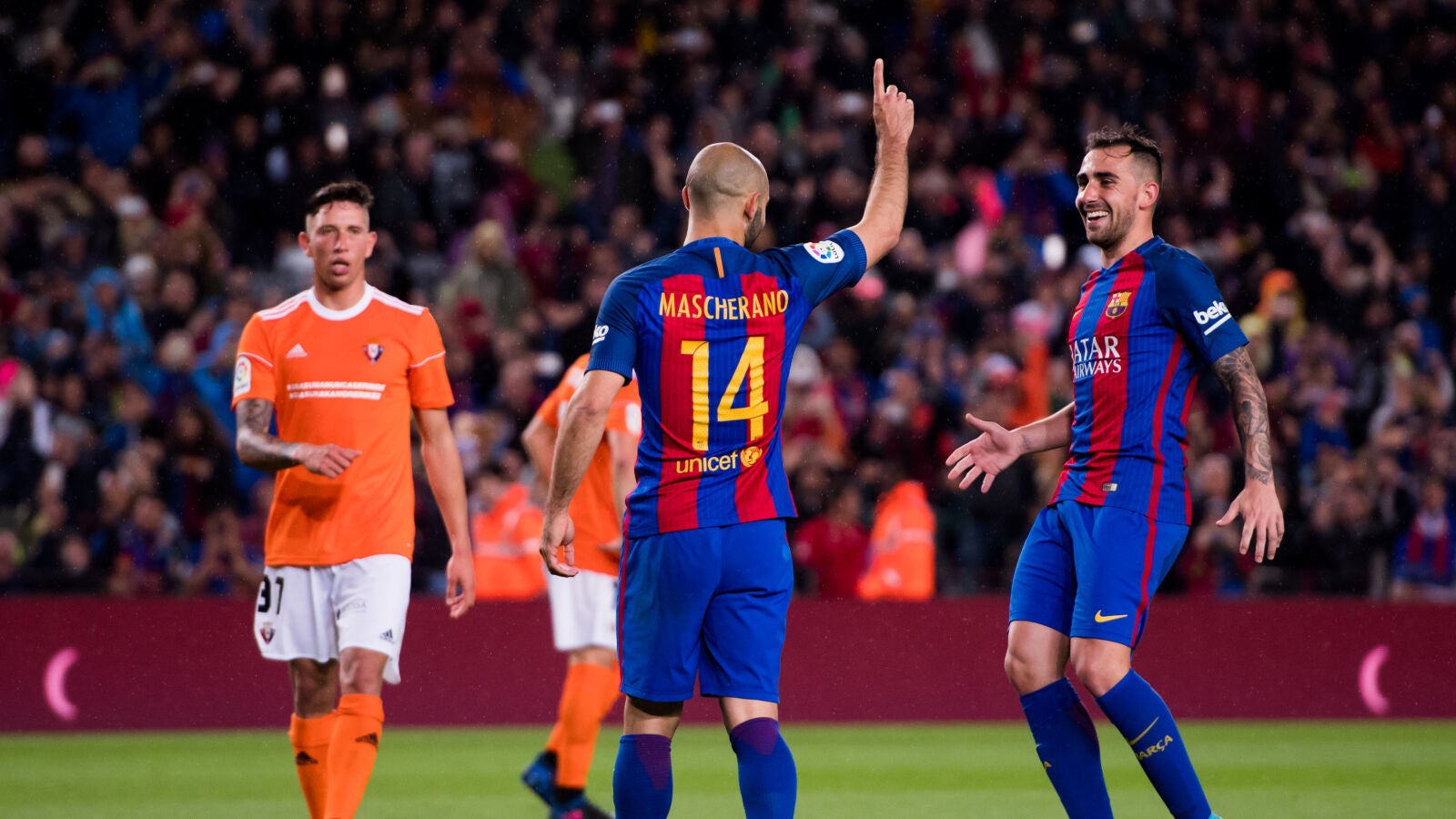 Mascherano celebrando su primer gol con el Bar&ccedil;a