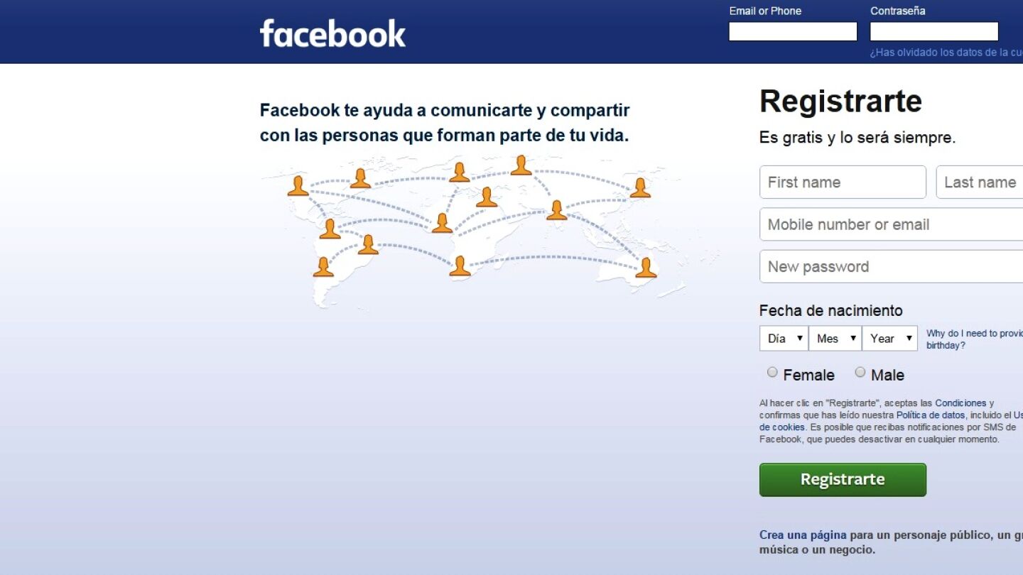 P&aacute;gina de inicio de Facebook