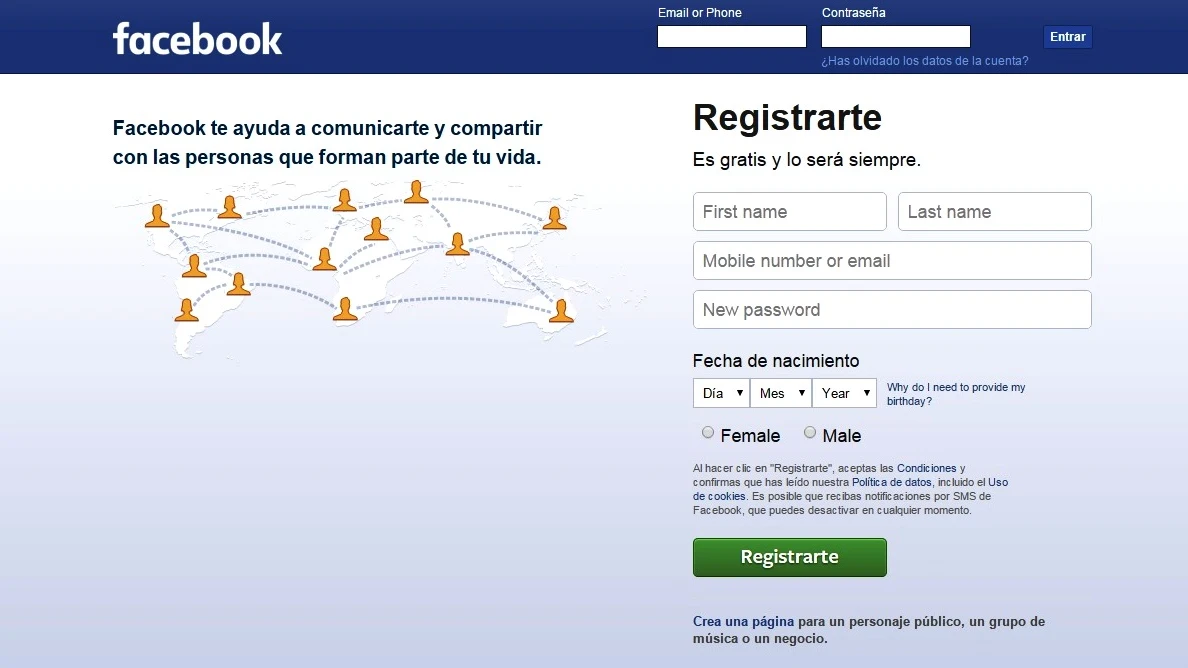 Página de inicio de Facebook Página de inicio de Facebook