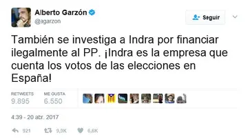 Tweet Alberto Garzón sobre Indra.