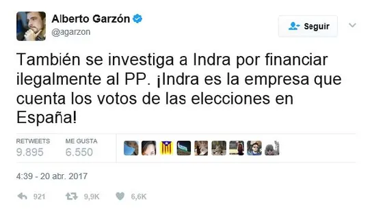 Tweet Alberto Garzón sobre Indra. Tweet Alberto Garzón sobre Indra.
