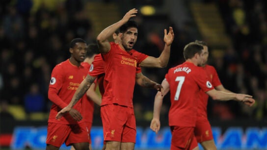 Emre Can celebra un gol con el Liverpool