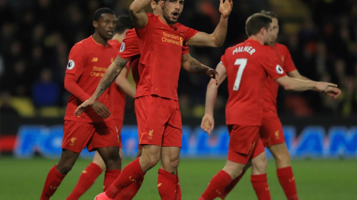 Emre Can celebra un gol con el Liverpool