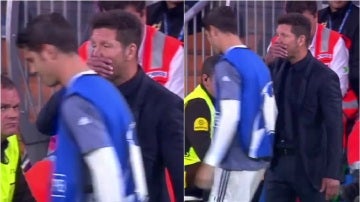 Simeone se dirige a Morata en la banda del Bernabéu