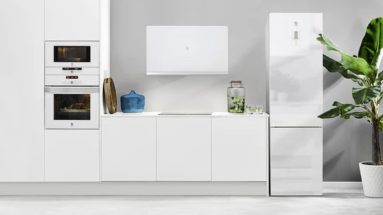 Cocina con electrodomésticos en cristal blanco. Cocina con electrodomésticos en cristal blanco