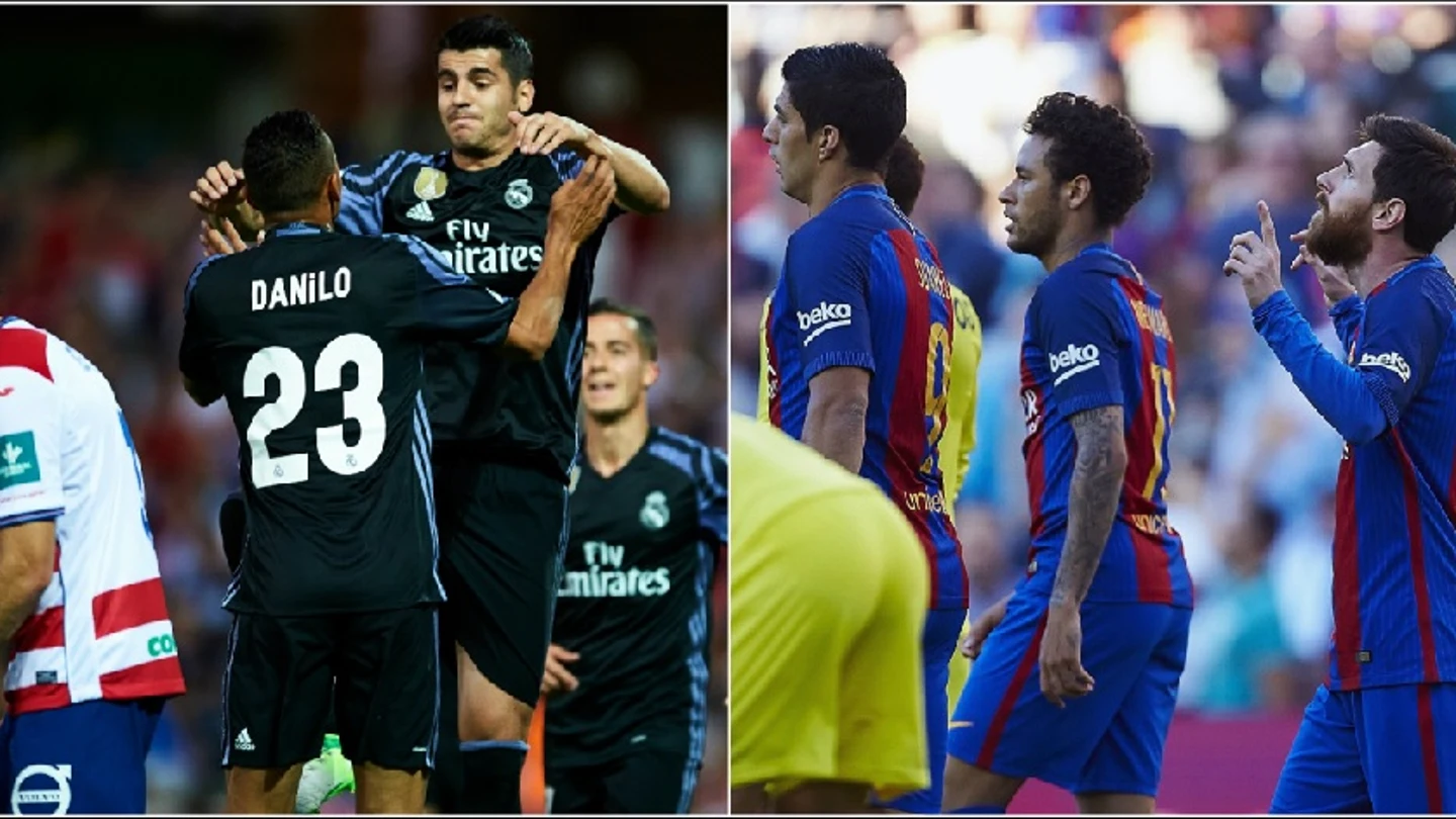 Los jugadores de Real Madrid y Barcelona celebran un gol Los jugadores de Real Madrid y Barcelona celebran un gol