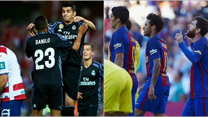 Los jugadores de Real Madrid y Barcelona celebran un gol