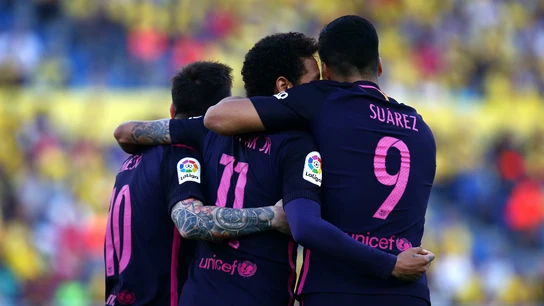 Messi, Suárez y Neymar celebran un gol Messi, Suárez y Neymar celebran un gol