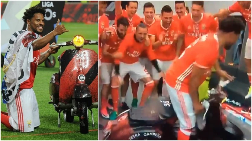 Eliseu, protagonista en la fiesta del Benfica por su Vespa