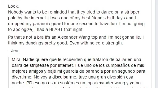 La actriz de Holliwood Jeffiner Lawrence dice que no se disculpará por pasarla bien en el cumpleaños de un amigo 
