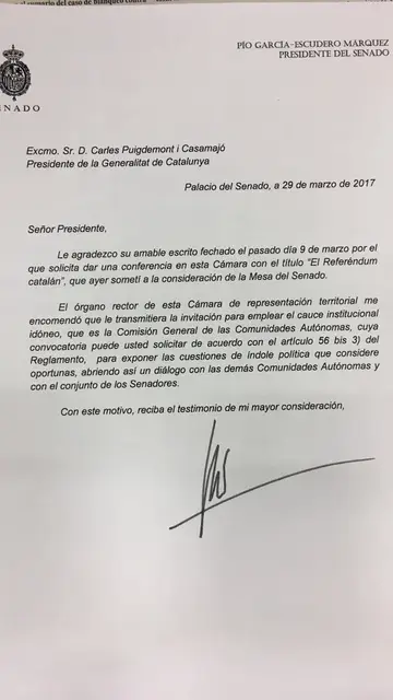 Carta de García-Escudero a Puigdemont Carta de García-Escudero a Puigdemont