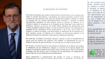 Carta de Mariano Rajoy a Carles Puigdemont