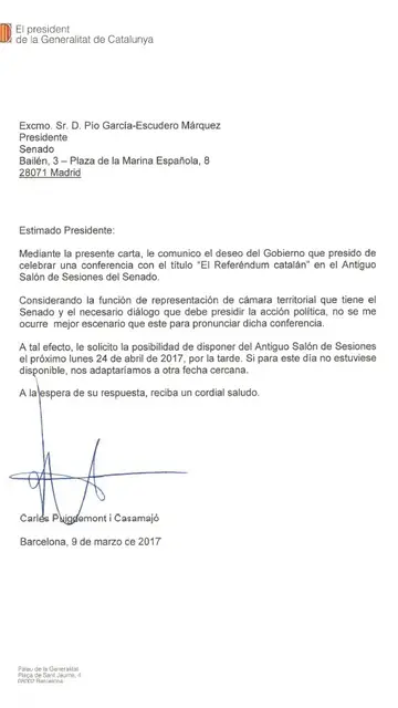 Carta de Puigdemont a Pío García-Escudero. Carta de Puigdemont a Pío García-Escudero.