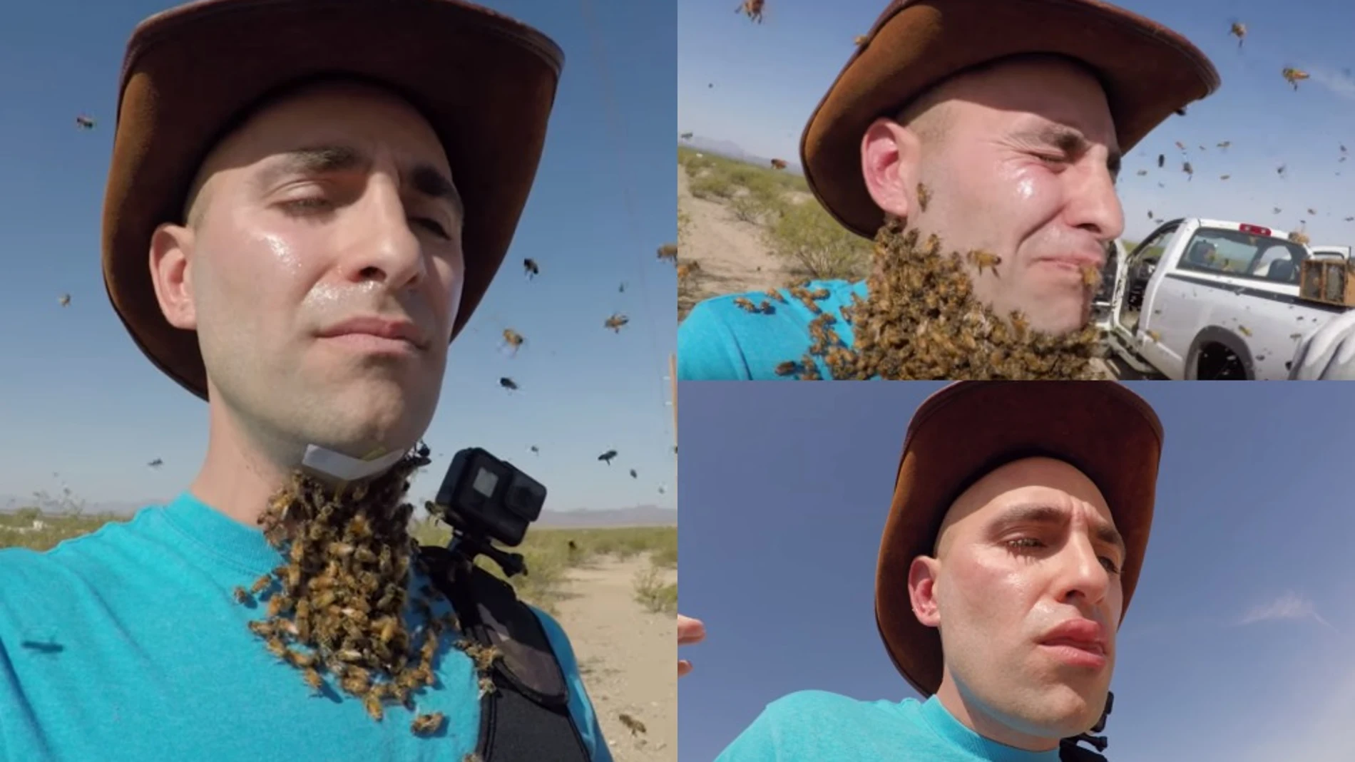 El joven mientras era picado por las 3.000 abejas