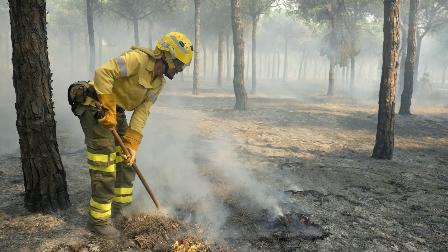 Bomberos trabajan en los alrededores de Mazag&oacute;n, en Huelva