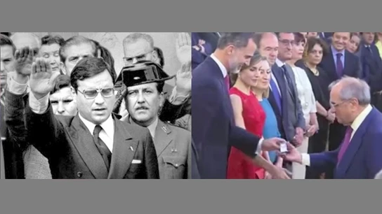 Martín Villa recogiendo la condecoración que le da Felipe VI y haciendo el saludo fascista | Archivo Martín Villa recogiendo la condecoración que le da Felipe VI y haciendo el saludo fascista | Archivo