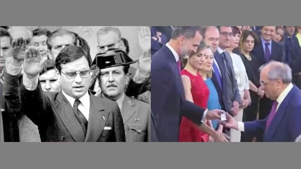 Martín Villa recogiendo la condecoración que le da Felipe VI y haciendo el saludo fascista | Archivo Martín Villa recogiendo la condecoración que le da Felipe VI y haciendo el saludo fascista | Archivo