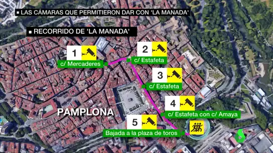 Imagen del recorrido de La Manada en el encierro posterior a su violación en grupo Imagen del recorrido de La Manada en el encierro posterior a su violación en grupo