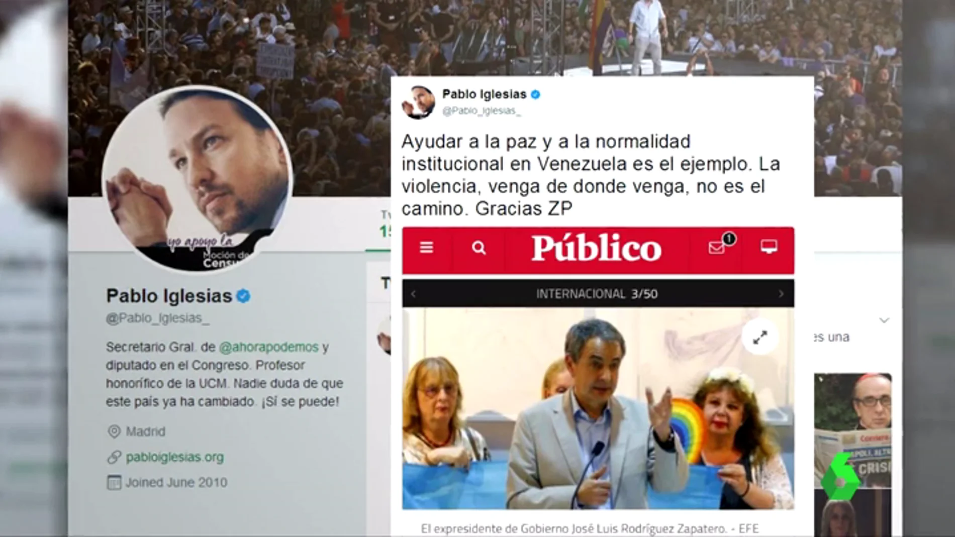 El tuit de Iglesias agradeciendo la labor de Zapatero