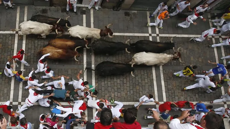 Los toros de la ganadería de Fuente Ymbro a su paso por la calle Estafeta de Pamplona