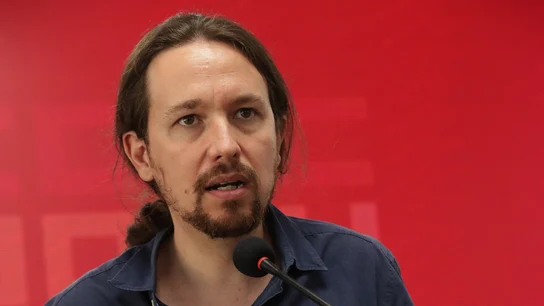 El secretario general de Podemos, Pablo Iglesias, durante la rueda de prensa ofrecida en la sede de CCOO El secretario general de Podemos, Pablo Iglesias, durante la rueda de prensa ofrecida en la sede de CCOO
