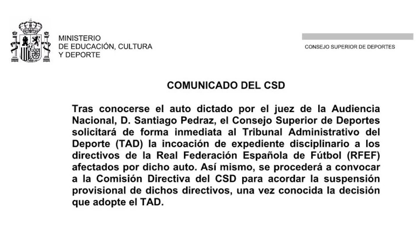 Comunicado del CSD sobre Villar Comunicado del CSD sobre Villar