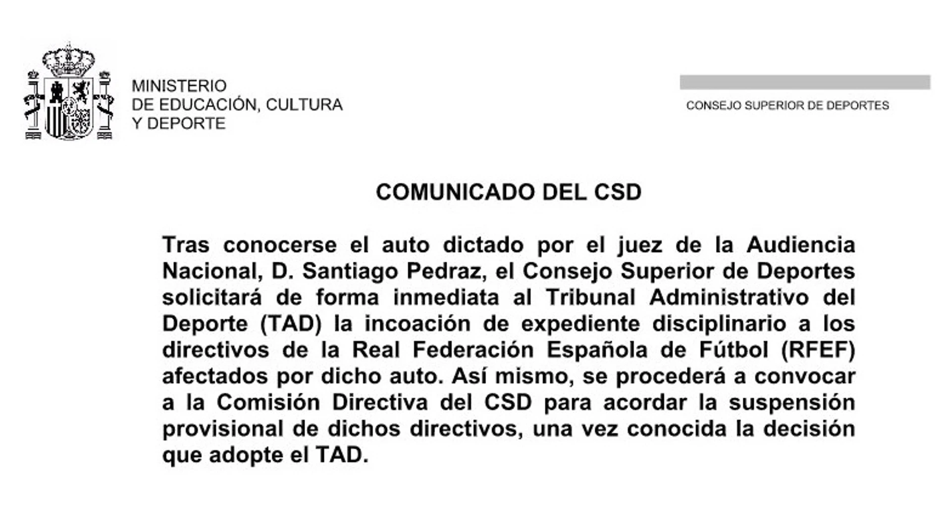 Comunicado del CSD sobre Villar