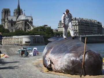 Los artistas junto a la escultura del cachalote varado en París Los artistas junto a la escultura del cachalote varado en París