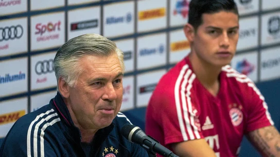 Ancelotti y James en rueda de prensa Ancelotti y James en rueda de prensa